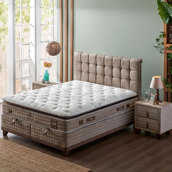 Bambi Yatak Sanati Boxspringbett Set, Bambi Cotton Master, Schlafzimmerbett, Matratze mit Topper, H2 (1 x H2 Mittelweich Matratze, 2 x Bettkasten, 1 x Bettkopfteil), Doppeltes Taschenfederkernsystem, Einseitig, Matratzenhöhe: 34 cm