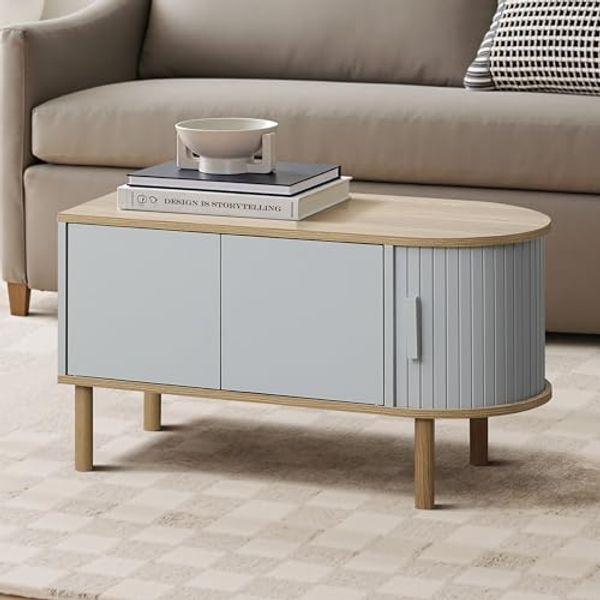 Moderner Couchtisch 80 cm Mit 2 Türen und Roll-Laden, Skandinavischer Sofatisch für Wohnzimmer, Grau-Weiß