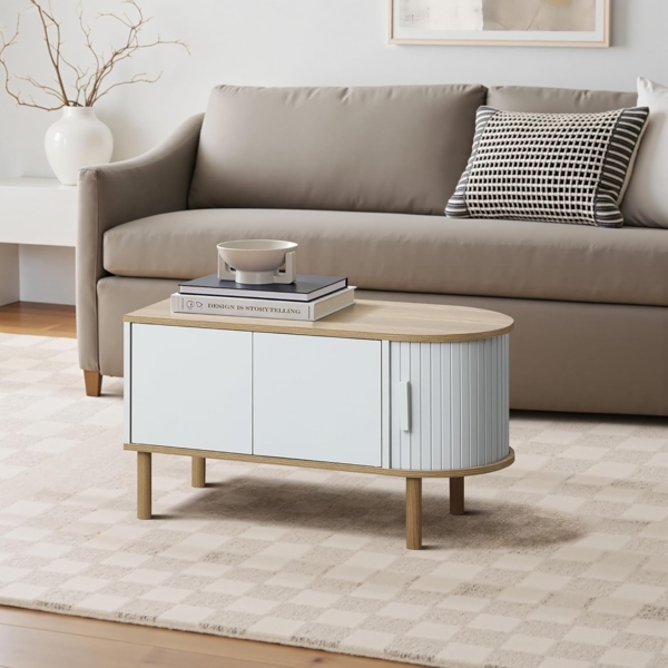 Moderner Couchtisch 80 cm Mit 2 Türen und Roll-Laden, Skandinavischer Sofatisch für Wohnzimmer, Grau-Weiß
