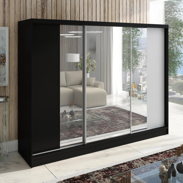 Schwebetürenschrank VENA 3-türig Schrank 200 cm (mit Spiegel) Farbe: Schwarz , Weiß