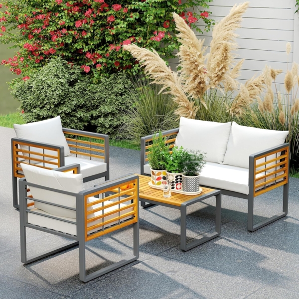 Outsunny Sitzgruppe mit 2er Sofa, 2 Sessel, Kissen, Beistelltisch im Lamellendesign, (Gartenmöbel Set aus Akazienholz, 4-tlg, Sitzgruppe für 4 Personen), für Garten, Balkon, Beige Bild 9