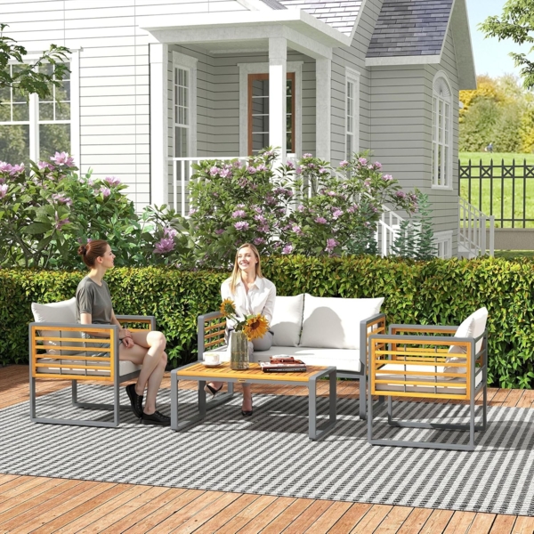 Outsunny Sitzgruppe mit 2er Sofa, 2 Sessel, Kissen, Beistelltisch im Lamellendesign, (Gartenmöbel Set aus Akazienholz, 4-tlg, Sitzgruppe für 4 Personen), für Garten, Balkon, Beige Bild 8