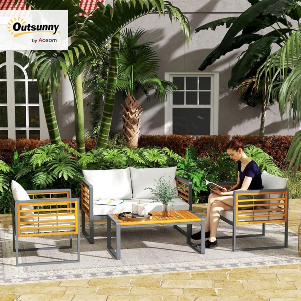 Outsunny Sitzgruppe mit 2er Sofa, 2 Sessel, Kissen, Beistelltisch im Lamellendesign, (Gartenmöbel Set aus Akazienholz, 4-tlg, Sitzgruppe für 4 Personen), für Garten, Balkon, Beige Bild 2