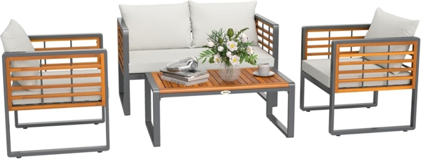 Outsunny Sitzgruppe mit 2er Sofa, 2 Sessel, Kissen, Beistelltisch im Lamellendesign, (Gartenmöbel Set aus Akazienholz, 4-tlg, Sitzgruppe für 4 Personen), für Garten, Balkon, Beige