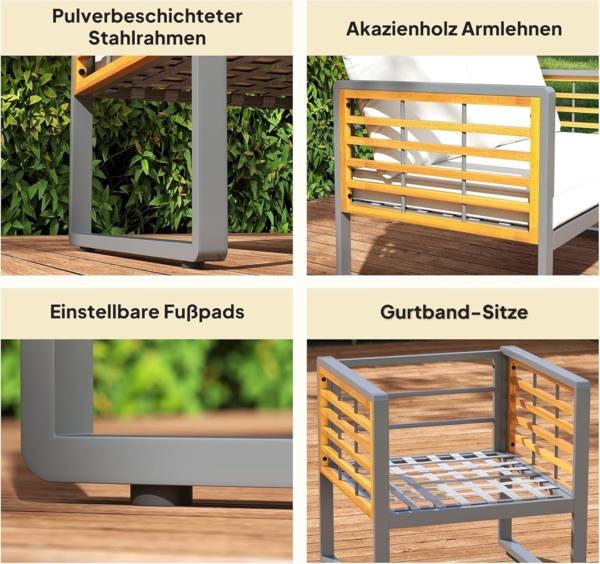 Outsunny Sitzgruppe mit 2er Sofa, 2 Sessel, Kissen, Beistelltisch im Lamellendesign, (Gartenmöbel Set aus Akazienholz, 4-tlg, Sitzgruppe für 4 Personen), für Garten, Balkon, Beige Bild 6