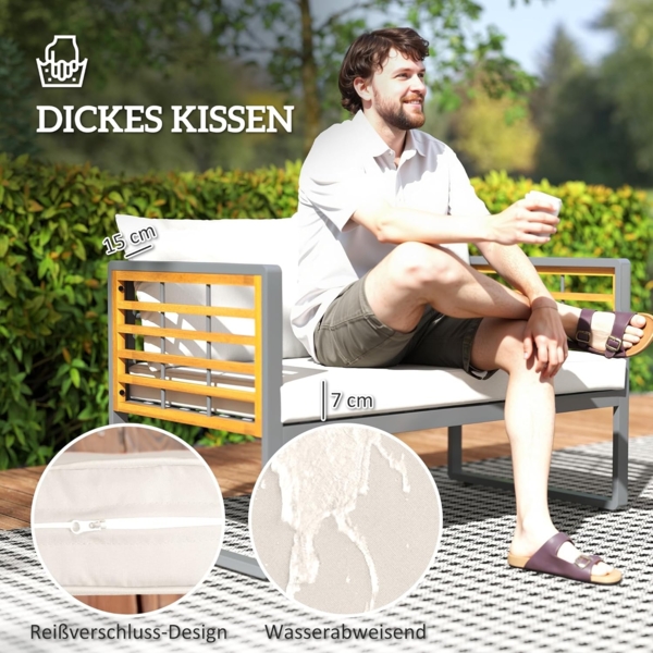 Outsunny Sitzgruppe mit 2er Sofa, 2 Sessel, Kissen, Beistelltisch im Lamellendesign, (Gartenmöbel Set aus Akazienholz, 4-tlg, Sitzgruppe für 4 Personen), für Garten, Balkon, Beige Bild 4