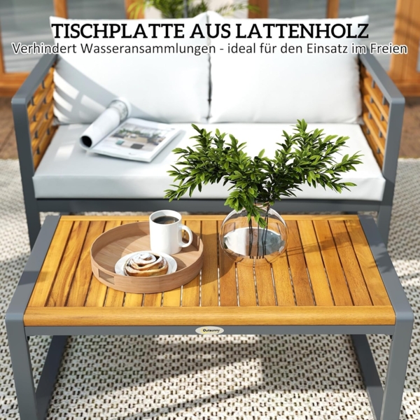 Outsunny Sitzgruppe mit 2er Sofa, 2 Sessel, Kissen, Beistelltisch im Lamellendesign, (Gartenmöbel Set aus Akazienholz, 4-tlg, Sitzgruppe für 4 Personen), für Garten, Balkon, Beige Bild 5