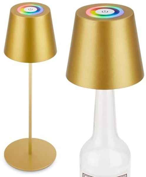 BRILONER - 3 in 1 RGBW LED Tischlampe kabellos IP44 mit Touch, stufenlos dimmbar, Akku & Lichtquelle tauschbar, Nachttischlampe, LED Lampe, Tischleuchte, Weinlampe, Flaschenlampe Aufsatz, Goldfarbig