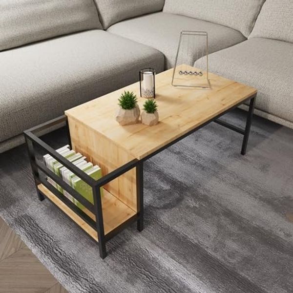 Hanah Home Stylish Oak Coffee Table, 110 x 60 x 50 cm | 100% Melamine Coated Particle Board, 18 mm Thick | Durable Electrostatic Powder Coated Metal Legs | Modern Design