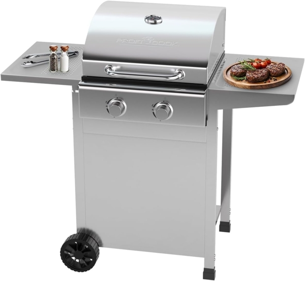 ProfiCook® Gasgrill für Temperaturen bis zu 350°C | Grillroste aus echtem Gusseisen | für Balkon | inkl. Gasdruckminderer und Schlauch | 2 Brenner | klein | 2 Ablagen | PC GG 1309 silber