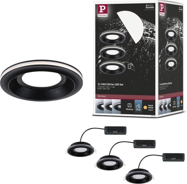 Paulmann 92252 LED Einbauleuchte Sormus 10cm 3er-Set IP65 rund schwarz