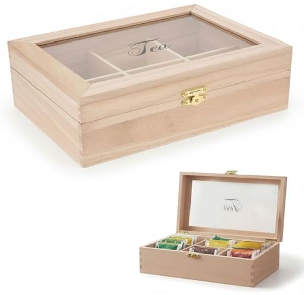 LS-LebenStil Teebox Holz Aufbewahrungsbox Teebox 6 Fächer mit Deckel für Teebeutel, Bambus, (Nachhaltige Teekiste Holzkiste Slogan Tea, 1-tlg, mit durchsichtigem Glas-Deckel Organizer Aufbewahrung für Tee)