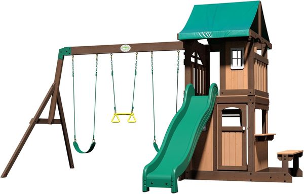 Backyard Discovery Lakewood Spielturm aus Holz XXL Spielhaus für Kinder mit Rutsche, Schaukel, Trapez & Picknicktisch | Braun, grün | Holz | 430.00 cm