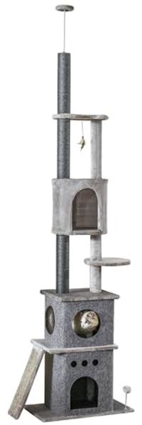 PawHut Kratzbaum Katzenbaum Deckenhoch Kletterbaum mit Katzenspielzeug, Sisal Plüsch Hellgrau höhenverstellbar 60 x 40 x 225-255 cm