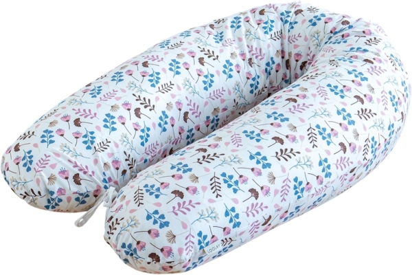 Loolay Seitenschläferkissen M/L oder L/XL BLUMEN Schwangerschaftskissen Kissen für Schlafen, MUSTER: BLUMENWIESE Braun, Blau, Rosa, Gelb WEICH Füllung + 100% BIO-Baumwolle Kissenbezug, 170 o. 190 cm Stillkissen + Bezug Reißverschluss! Dekokissen Gesche...