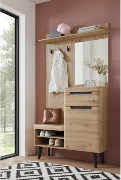 Lomadox Garderobe TIROL-61, Garderobe in Eiche Artisan Nb. mit Spiegel und Sitzbank, 110/200/34 cm