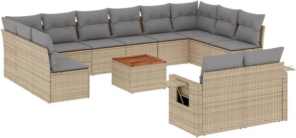 vidaXL 13-tlg. Garten-Sofagarnitur mit Kissen Beige Poly Rattan 3257130