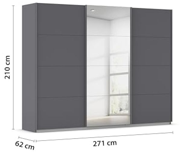 Rauch Möbel Kulmbach, Kleiderschrank mit Schwebetüren für Schlafzimmer, Kinderzimmer, Jugendzimmer, Garderobe, Flur, 3-türig, mit Spiegel, Zubehör Basic, Farbe Grau metallic, Schwarz, Breite 271 cm Bild 3