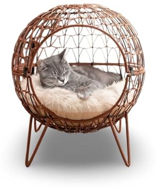 Heimtier Schlafkörbchen Rattan mit Kissen 45x50cm Katze Katzenbett Kugel Schlafplatz