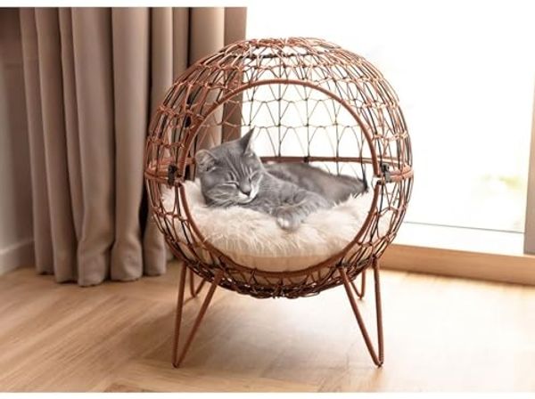 Heimtier Schlafkörbchen Rattan mit Kissen 45x50cm Katze Katzenbett Kugel Schlafplatz Bild 3