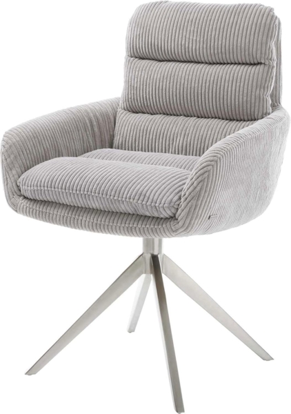 Esszimmerstuhl Abelia-Flex mit Armlehnen Cord Silbergrau Kreuzgestell breit Edelstahl