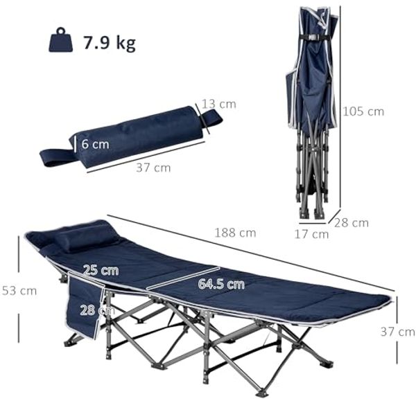 Outsunny Feldbett klappbares Klappbett (Campingbett mit Kopfkissen, Seitentasche, 1-St, Gästebett bis 150 kg belastbar) Reisen, Outdoor, Oxford, Dunkelblau Bild 7
