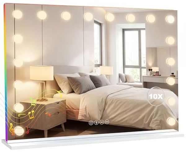 HOMCOM Schminkspiegel Touch-Schalter Tischmontage (Kosmetikspiegel, 1-St, Spiegel mit LED, RGB, Bluetooth, 10x Vergrößerung), 18 LED, RGB-Licht, Bluetooth, 10x Vergrößerung