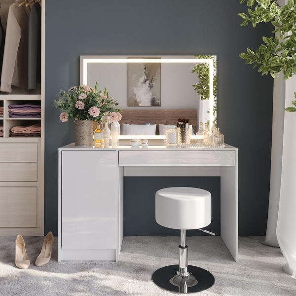 Schminktisch Sherry Weiß/Weiß Hochglanz 119.8 cm mit LED-Spiegel und Hocker Vicco