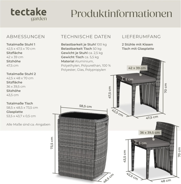 tectake Sitzgruppe Rattanset, (Set, 3-tlg), mit Aluminiumgestell Bild 6