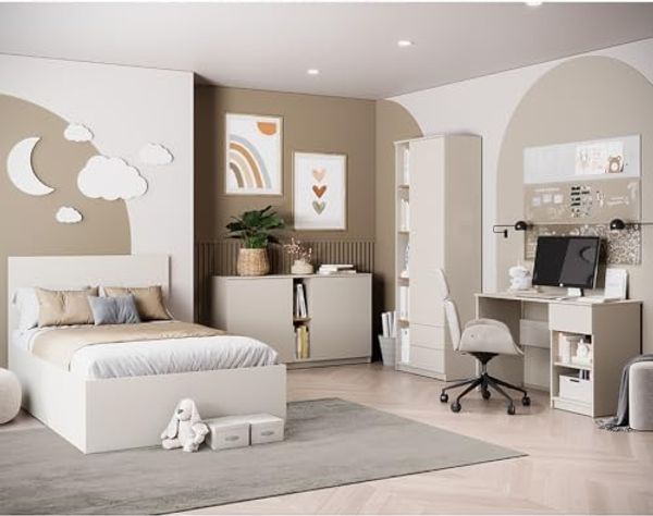 Lomadox Jugendzimmer-Set FIER-129, (Sparset, 4-tlg, Bett Sideboard Kleiderschrank Schreibtisch), kaschmir mit Eiche, Jugendbett 120x200cm, grifflos