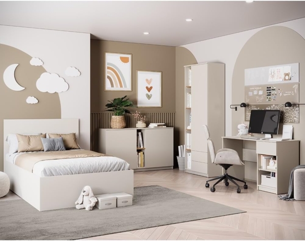 Lomadox Jugendzimmer-Set FIER-129, (Sparset, 4-tlg, Bett Sideboard Kleiderschrank Schreibtisch), kaschmir mit Eiche, Jugendbett 120x200cm, grifflos