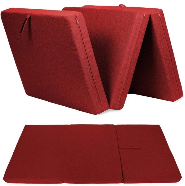 sunnypillow Premium Klappmatratze 120 x 195 x 15 cm Rot | 3-teilige Faltmatratze mit abnehmbarem Bezug | Schaumstoff extra dick 15cm | Matratze faltbar klappbar Gästematratze Reisematratze |