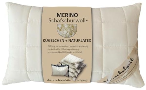 Meivita Naturfaserkopfkissen Merino Schafschurwolle Kopfkissen, Füllung: 70% Latex (Naturlatexflocken) und 30% Wolle (Schurwollkügelchen), Bezug: Baumwollperkal, Seitenschläfer, Rückenschläfer, Bauchschläfer, Kissen Hergestellt in Deutschland