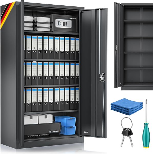 KESSER® Aktenschrank abschließbar mit Flügeltüren 180x60x40cm | Büroschrank aus Stahl mit 4 höhenverstellbaren Einlegeböden | Mehrzweckschrank 5 flexible Fächer, max. 40 kg pro Fach, inkl. 2 Schlüssel Schwarz, 180 x 80 x 40 cm