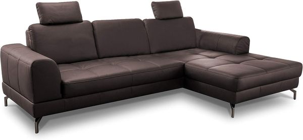 CAVADORE Ledergarnitur Benda / Großes Ecksofa mit XL-Longchair rechts & Federkern / Inkl. Sitztiefenverstellung & Kopfstützen / 284 x 87 x 175 / Echtleder: braun