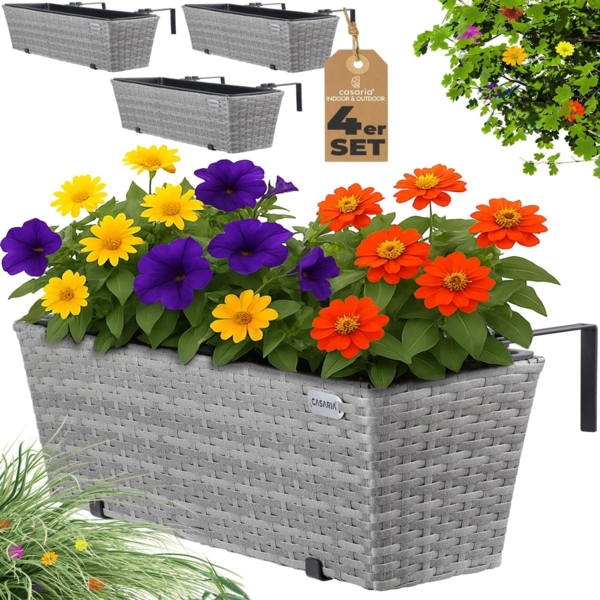 Casaria Blumenkasten, 4er Set 11 Liter Montagehalterung Indoor Outdoor Geländerkasten