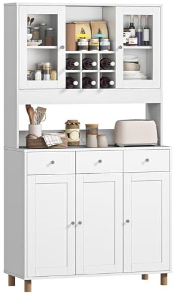 HOMCOM Küchenbuffet mit 2 Glastüren, 3 Schubladen, 4 verstellbare Regale (Hochschrank, 1-St, Buffetschrank) für Küche, Esszimmer, Weiß