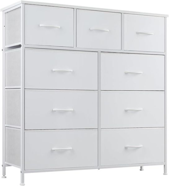 DUMOS Kommode mit Schubladen - Kommoden & Sideboards für Schlafzimmer Geeignet, Komodenschrank mit 9 Schubladen, Stoffkommode mit Stabilem Stahlrahmen, Ideal für Schlafzimmer, Wohnzimmer (Weiß)