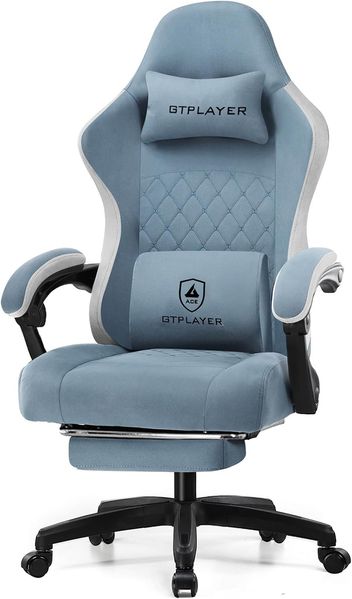 GTPLAYER Gaming Stuhl Ergonomischer Gaming Sessel Schreibtischstuhl mit Stoffoberfläche, Federsitzkissen, Verbindungsarmlehnen und Fußstütze hellblau