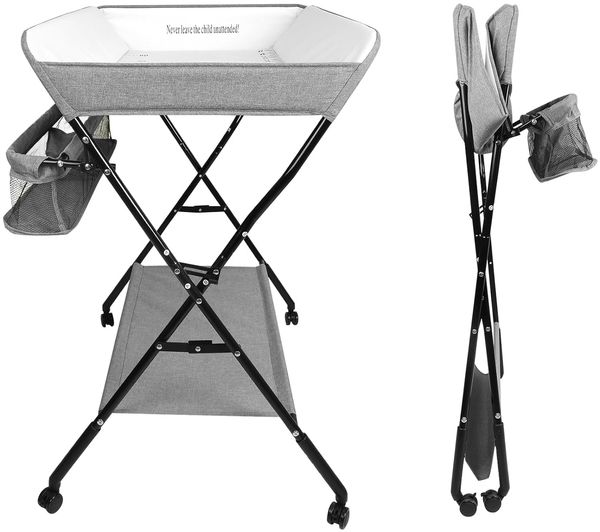 Wickeltisch Faltbar und Tragbar 3 in 1, max. Belastung 25 kg für neue, Wickeltisch mit Aufbewahrungskorb, Sicherheitsgurt und 4 Rollen mit Bremse, höhenverstellbar, 86 * 62 * 96 cm-grau