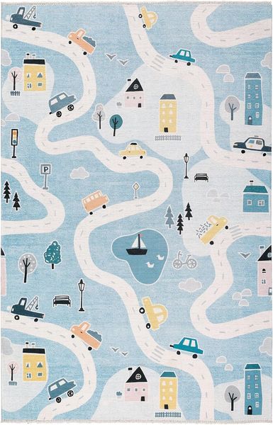 Spielteppich Weltkarte mit Tieren - Blau-Grau 120x160 cm - Waschbar & rutschfest - Lernteppich fürs Kinderzimmer - Schlafzimmer Teppich