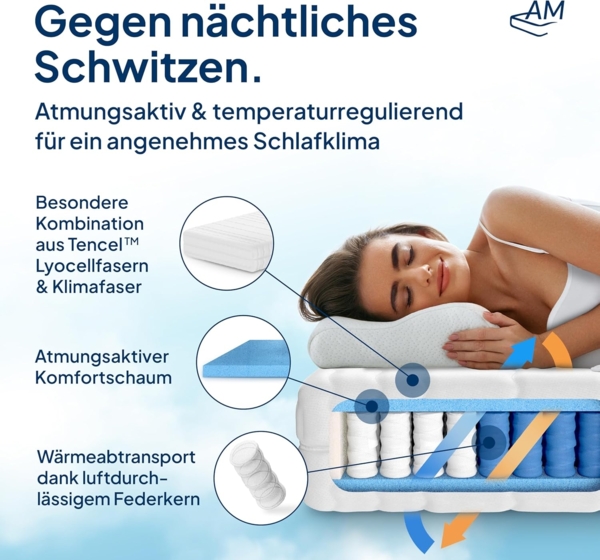 AM Qualitätsmatratzen Hochwertige 7-Zonen Taschenfederkernmatratze 80x190 cm - 24 cm Premiumhöhe - Tonnentaschenfederkernmatratze 80x190 cm - H2 Bild 4