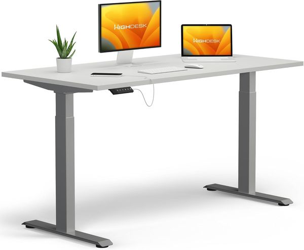 HighDesk Basic Höhenverstellbarer Schreibtisch (200x80 cm I Silber + Weiß) - Elektrischer Sitz- & Stehtisch mit Tischplatte - Stehschreibtisch Elektrisch Höhenverstellbar - von Krieg
