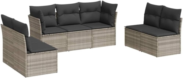 vidaXL 7-tlg. Garten-Sofagarnitur mit Kissen Hellgrau Poly Rattan 3249251