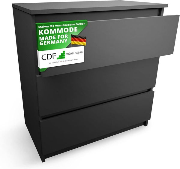 CDF Kommode mit Schublade Schwarz Schrank Schubladenschrank 3 Schubladen Malm Kommode viel Stauraum Geeignet für Wohnzimmer Schlafzimmer Komodenschrank Organizer Kleidung 40T x 70B x 75H cm