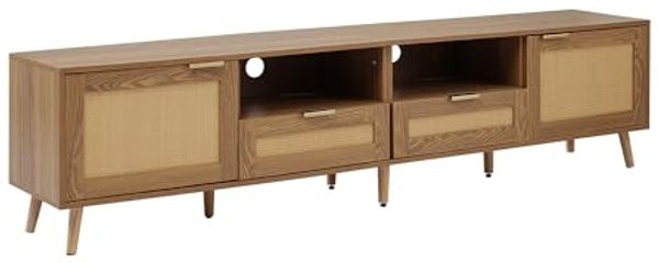 39F Furniture Dream TV Lowboard mit Rattan-Türen, Fernsehtisch aus Holz mit 2 Schubladen und offenem Fach, TV-Ständer bis 75 Zoll, TV Möbel im Retro Design, 200×37×48.5 cm