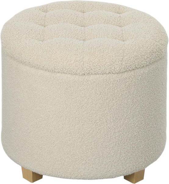 HOMCOM Sitzhocker mit Stauraum, Deckel, Kaschmiroptik (Truhenbank, 1 St, Polsterbank), für Flur Schlafzimmer Wohnzimmer, Holzrahmen Ø45 x 41 cm Cremeweiß