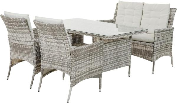 greemotion Dining-Set Parma 4-teilig, Polyrattan Gartenmöbel Sofa- Set, Kissen Grau