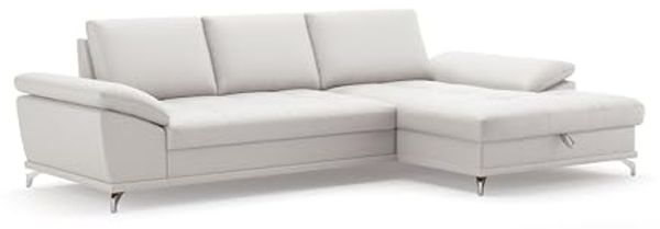 Cavadore Ecksofa Castiel mit Federkern / Eckcouch mit großem Longchair, Sitztiefenverstellung und mattschwarzen Metallfüßen / 301 x 89 x 176 / Echtleder, Weiß