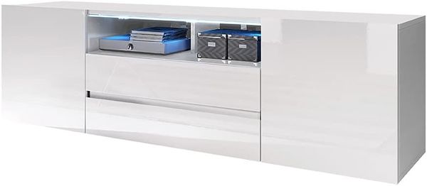 Selsey BROS – TV-Lowboard/Fernsehschrank Weiß Matt/Weiß Hochglanz mit LED-Beleuchtung Stehend Modern